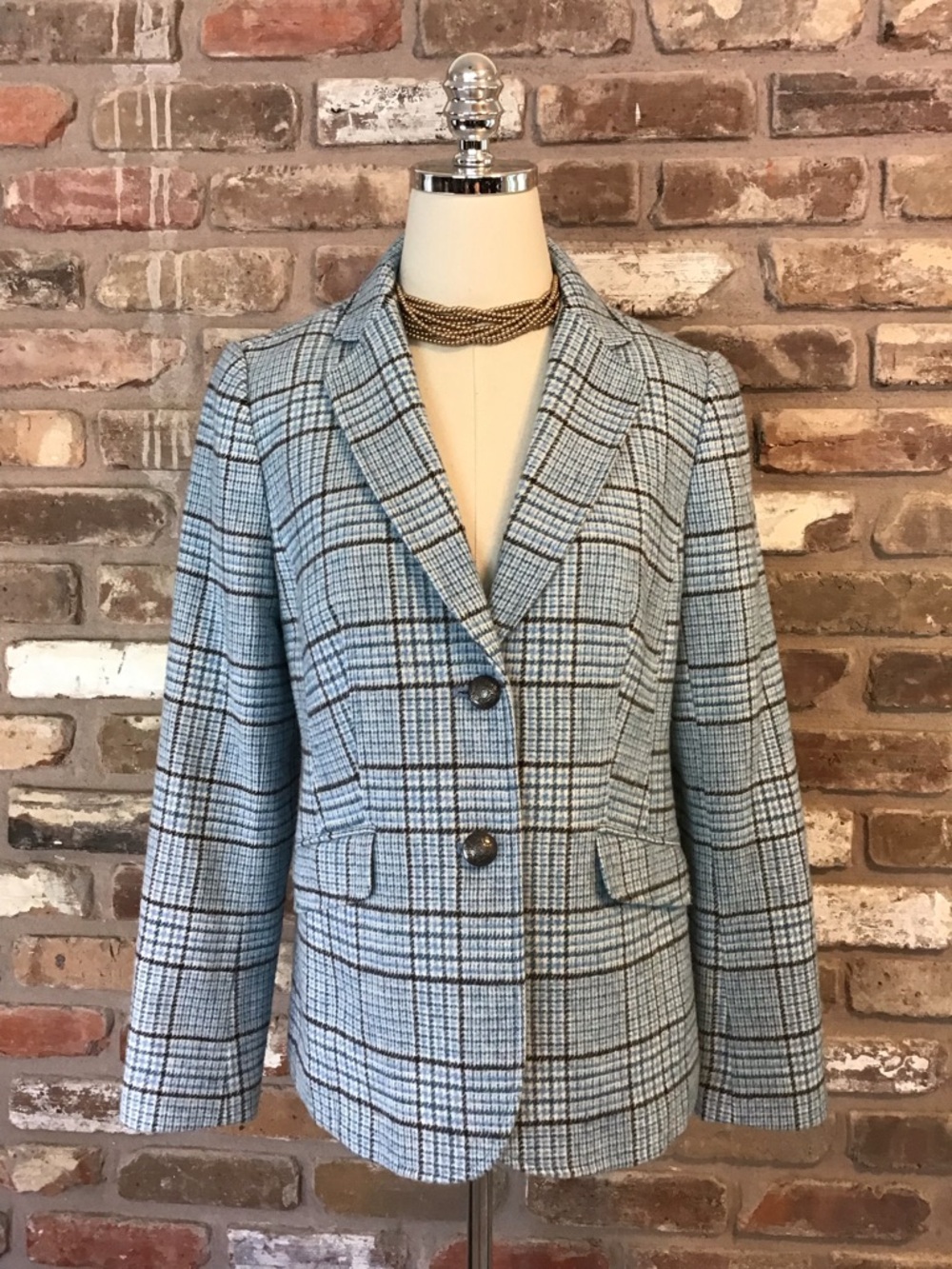 TALBOTS Women's Blue Black Houndstooth Plaid Wool Blend Blazer Jacket 6 NEW - Picture 2 of 10